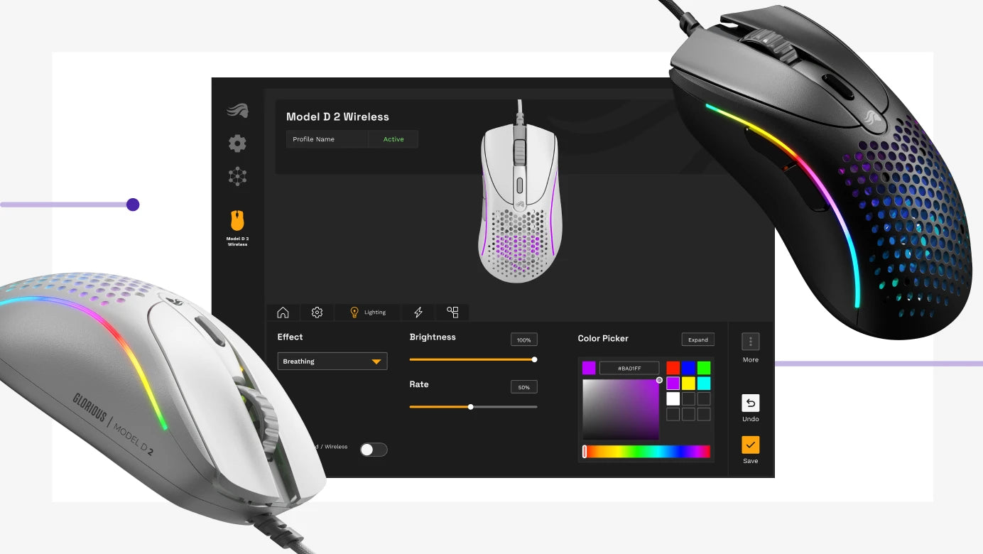 Two Model D 2 Wired mice in Black and White floating around a screen displaying the settings in CORE 2.0 software